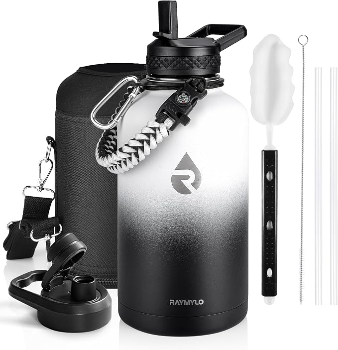 RAYMYLO Insulated Water Bottle 64 oz, Triple Wall Vacuum Stainless Steel (Cold for 48 Hrs), Leak Proof & Non-BPA, Half Gallon Water Flask Jug with Paracord Handle & Straw Spout Lids, White/Black | (Cold for 48 Hrs), Leak Proof & Non-BPA, Half Gallon Wa...