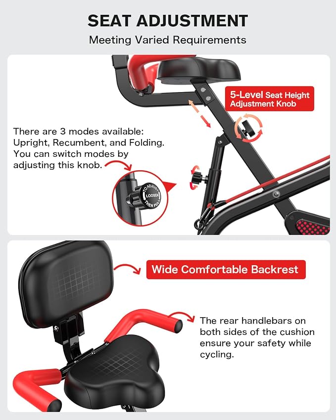 pooboo Folding Exercise Bike, Foldable Upright Stationary Bike, Indoor Cycling Magnetic X-Bike with 8-Level Adjustable Resistance, 6.6 LBS Flywheel, 300LB Capacity, Back Support Cushion for Home Gym