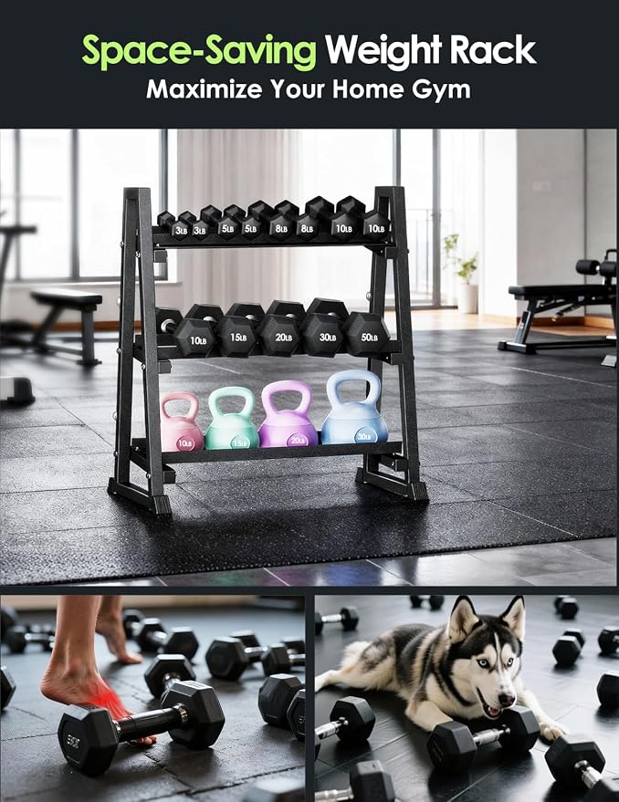 Leteuke 3 Tier Dumbbell Rack Stand Only, 1300LBS Heavy Duty | Trapezoidal Frame for Stability, Space-Saving Design; Fits Dumbbells, Kettlebells, Barbells for Home Gym