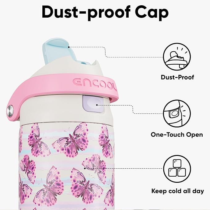 ENCOOL Leakproof Insulated Water Bottle with Straw Dual-Sip Water Bottle Bag-Safe Design for Work, Commute & Gym – Keeps Drinks Cold All Day, 24 oz, Y2K Butterfly