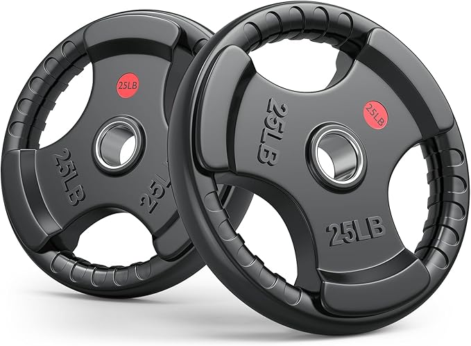 Gikpal Olympic Weight Plates, 2-Inch Three-Grip Rubber Coated Barbell Plates with Steel Hub, Cast Iron Weights for Strength Training & Home Gym, Pair or Sets (2.5–45LB)