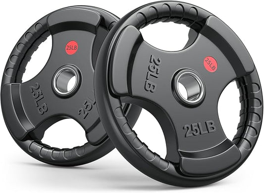 Gikpal Olympic Weight Plates, 2-Inch Three-Grip Rubber Coated Barbell Plates with Steel Hub, Cast Iron Weights for Strength Training & Home Gym, Pair or Sets (2.5–45LB)