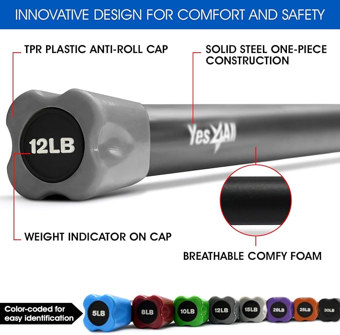 Yes4All Total Body Workout Weighted Bar, Resistance Band Bar, Racks for Strength Training, Exercise Bar for Yoga in Home and Gym - Single/Combo