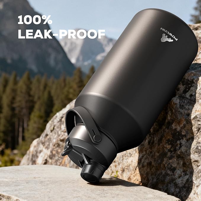 POWCAN 64 oz Insulated Water Bottle for Sports: 2-in-1 Straw & Spout Lid, Leakproof, Carrier Bag, Shoulder Strap, Keep Cold 48H, BPA-Free, Half Gallon Metal Water Jug for Gym, Travel, Gift (Midnight)