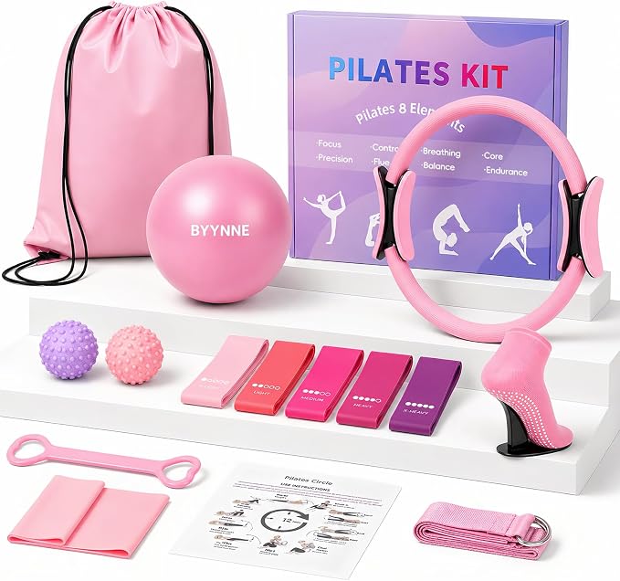 Home Pilates Kit for Women - 14 Pcs Pilates Equipment Set with Pilates Ring and Ball, 5 Resistance Bands Etc Accessories for Beginners Home Workouts - Includes Workout Guide