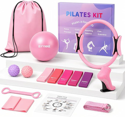 Home Pilates Kit for Women - 14 Pcs Pilates Equipment Set with Pilates Ring and Ball, 5 Resistance Bands Etc Accessories for Beginners Home Workouts - Includes Workout Guide