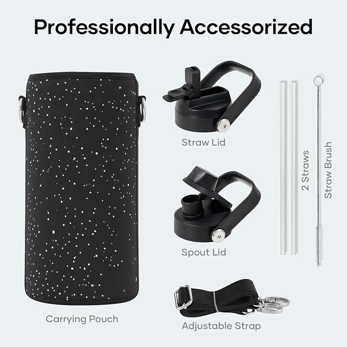 BUZIO 32 oz Water Bottle Insulated, Leakproof Stainless Steel Flask (Cold for 48 Hrs), Wide Mouth BPA-Free Metal Thermo Hydro Canteen with 2 Lids, Starry Day & Night