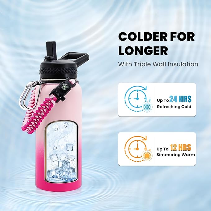 RAYMYLO Insulated Water Bottle 32 oz, Triple Wall Vacuum Stainless Steel | (Cold for 24Hrs, Hot for 12Hrs), Leak Proof & Non-BPA, Modern Water Flask Jug with Paracord Handle & Straw Spout Lids