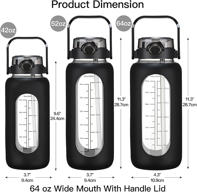 chunmo 64oz Glass Water Bolttles with Straw Half Gallon Large Motivational Water Bottle with Time Marker Sports Water Bottles with Silicone Sleeve and Handle Lid Water Jug for Gym Workout