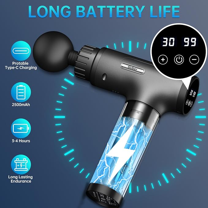 Gvber Massage Gun 30 Speed 6 Heads Percussion Muscle Pain Relief, Grey | Handheld Quiet Deep Tissue Back Massager Relieves Back, Neck, Shoulder, Leg & Foot for Athletes & Home Gym