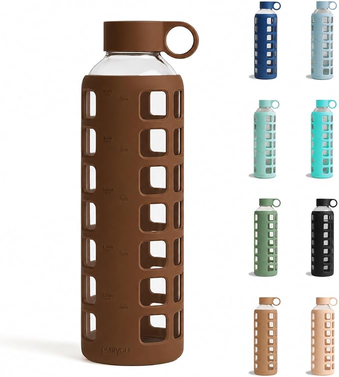 purifyou 40oz / 32oz / 22oz / 12oz Borosilicate Glass Water Bottle with Time & Volume Markers, Silicone Sleeve, Stainless Steel Lid – Reusable Glass Bottle for Water & Juice (32oz Earth Brown)