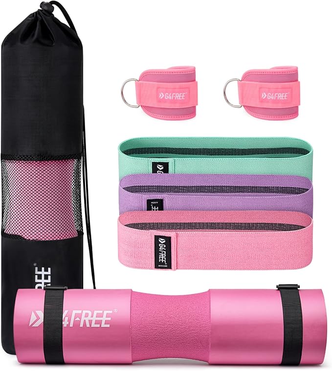 G4Free 7/9Pcs Barbell Pad Set for Squat, Hip Thrusts, Lunges, Leg day | Standard Olympic Bars with 2 Gym Ankle Safety Straps, 3 Hip Resistance Bands, 2 Lifting Strap, Barbell Pad, and Carry Bag