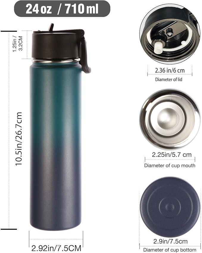 Volhoply 24oz Insulated Water Bottle With Straw Bulk 6 Pack,Metal Wide Mouth Water Bottles With Handle Keep Cold,Reusable Double Wall Cups,Powder Coated Sport Bottle For Holder(Assorted,6 Count)
