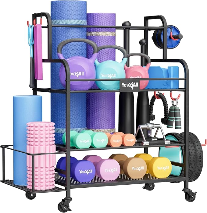 Yes4All Dumbbell Rack, Weight Rack for Home Gym, Sports Equipment Organizer for Dumbbells Kettlebells Yoga Mat Foam Roller and Balls, All in One Gym Workout Storage with Wheels and Hooks, Black