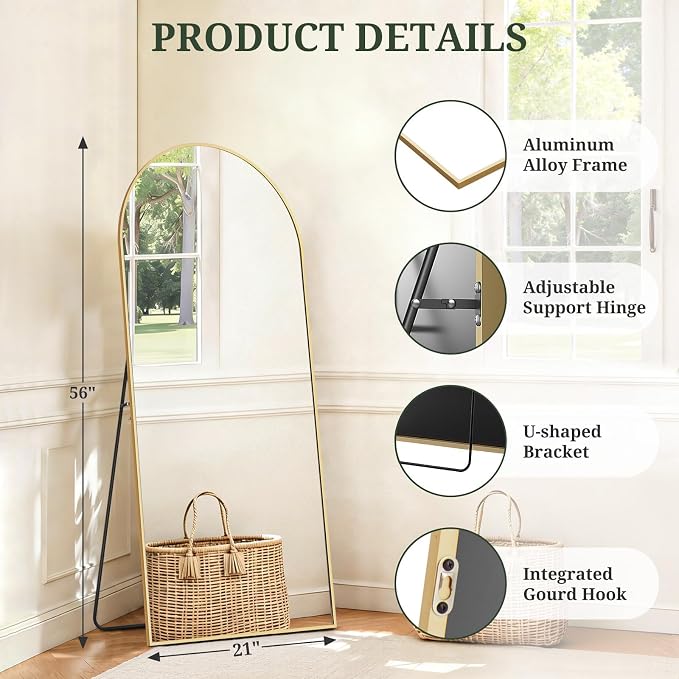 Mirror Full Length 56"x21", Arched Full Body Floor Mirrors with Stand | Shatterproof Glass, Aluminum Alloy Frame, Free Standing, Wall Mounted or Leaning for Bedroom Living Room Entryway