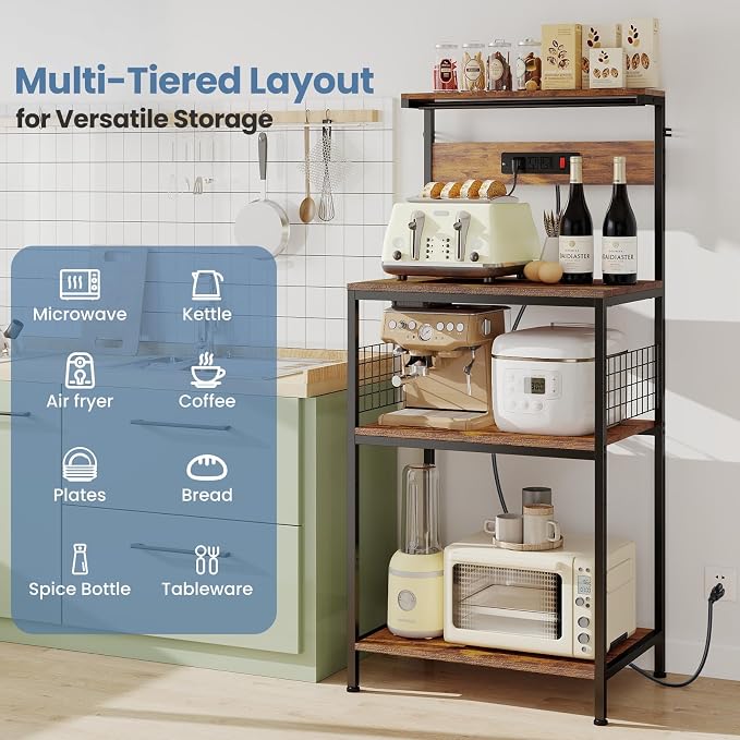 DUMOS 23.6" Bakers Rack with Power Outlet for Kitchen Organization | Microwave Stand with 3 AC Outlets, On/Off Switch and 6.5ft Power Cord, 3 Open Tiers and Adjustable Middle Shelf, Brown