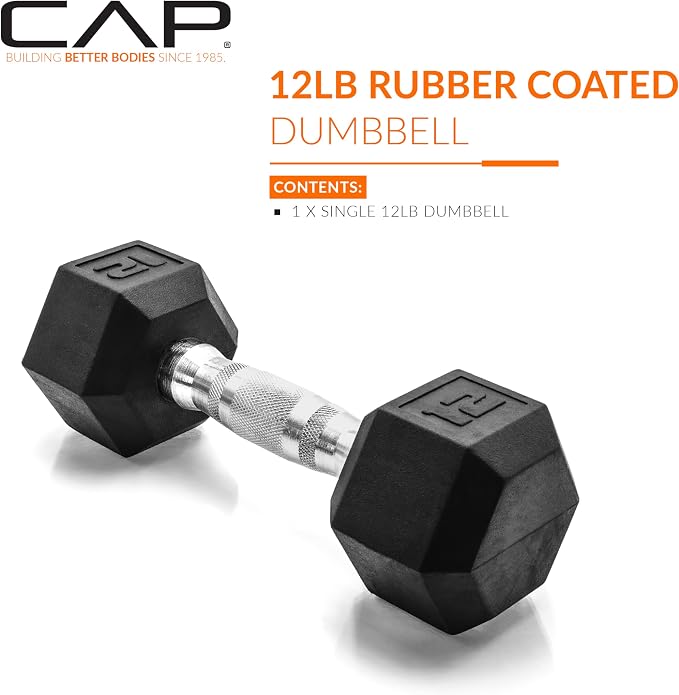 CAP Rubber Coated Dumbbell Weights, Free Weights for Home Gym Strength Training, Anti-Roll Hex Dumbbells with Black, Chrome & Comfort Grip Handles, Singles