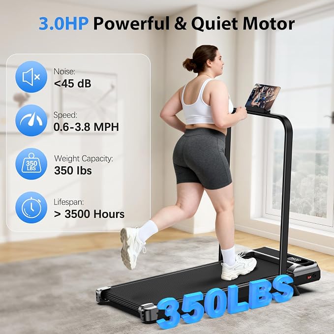Walking Pad Treadmill for Home - 3.0HP Tread Mills with with 9% Incline, Compact Walk Pad Running Machine Handle Bar Indoor Foldable for Small Spaces Under Desk Office