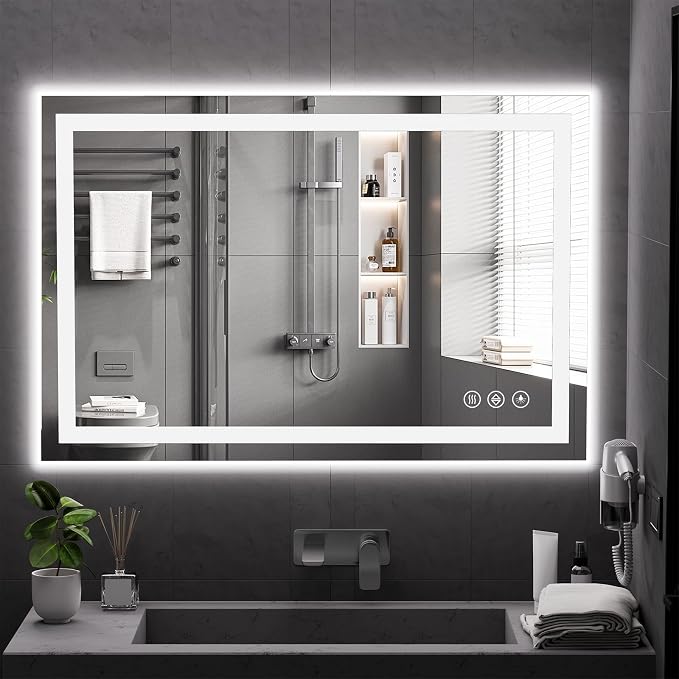 Koonmi 48x32 LED Bathroom Mirror with Light, Anti-Fog, 3 Colors | Backlit + Front Lit, Dimmable Brightness, Shatterproof HD Distortion-Free Tempered Glass, Hardware Included