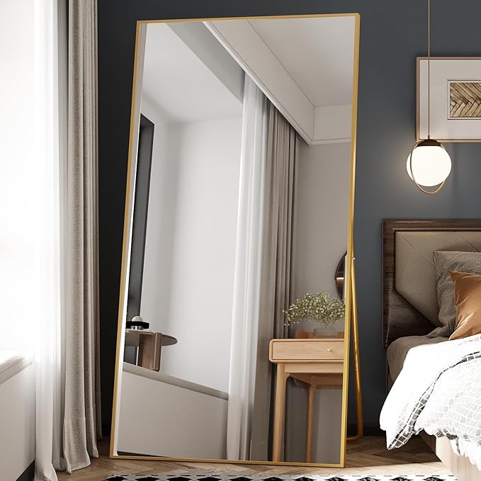 Beauty4U 76" x 37" Full Length Mirror with Stand, Gold Large Floor Mirror | Standing, Leaning, or Wall-Mounted Tempered Glass Full Body Mirror with Metal Frame for Bedroom, Closet, Modern Home Decor