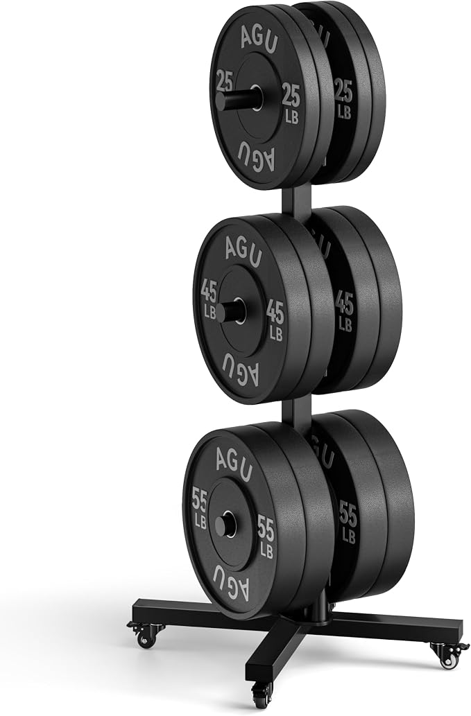 Movable Olympic Weight Plate Tree with 6 Metal Pegs | Fits 1" & 2" Weight Plates, Heavy Duty Storage Rack with Barbell Holders for Home & Garage Gym