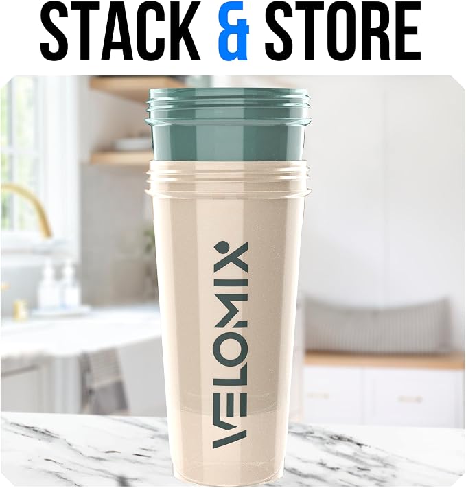 VELOMIX 2 Pack 28oz Protein Shaker Bottle for Protein Mixes, Blue/Beige | 2x Wire Whisk, Leak Proof Shaker Cups for Protein Shakes, Stackable, Dishwasher safe, BPA free, Pre Workout and Fitness ready