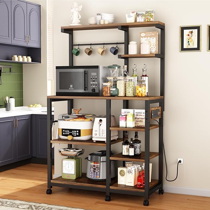 Large Bakers Rack with Power Outlet, Coffee Bar & Microwave Stand | Bakers Rack with Power Outlet, Coffee Bar Station & Microwave Cart, Metal Kitchen Storage Shelf with Wheels