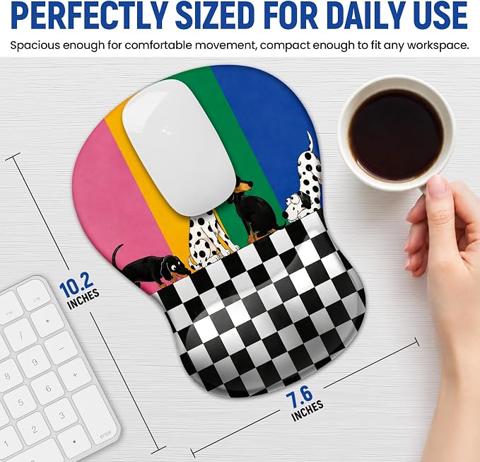 Ergonomic Mouse Pad with Wrist Rest, Gel Wrist Support, Checker Dog | 10.2 x 7.6 in Mouse Pad with Smooth Fabric Surface and Non-Slip Rubber Base for Office, Home, Study, and Gaming