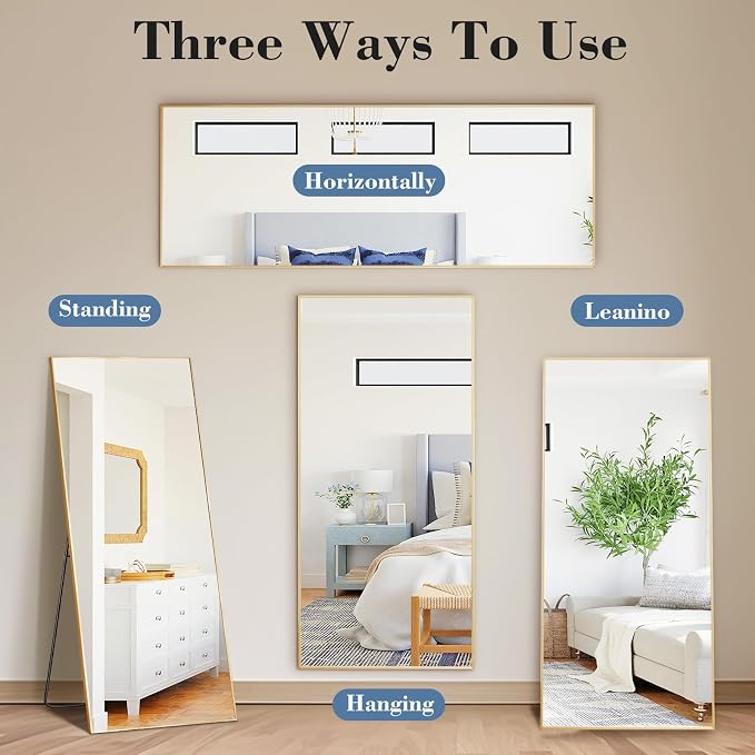 NEWBULIG 58"x19" Full Length Mirror, Full Body Standing Mirror, Gold | Leaning or Standing, Tempered Glass, Aluminum Alloy Thin Frame Floor Stand for Bedroom, Cloakroom