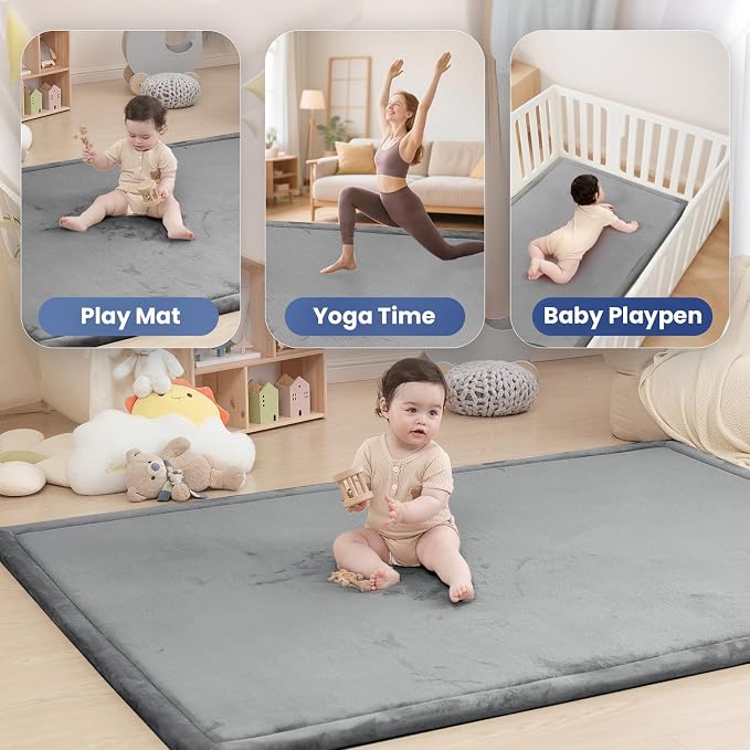 Large 79"x110" Baby Activity Play Mat for Floor,1.3" Thick Elasti Foam Cushion Mat for Tummy Time & Crawling,Non-Slip&Safe for Infants,Toddlers & Kids, for Living Room,Classroom & Playroom (Dark Gray)