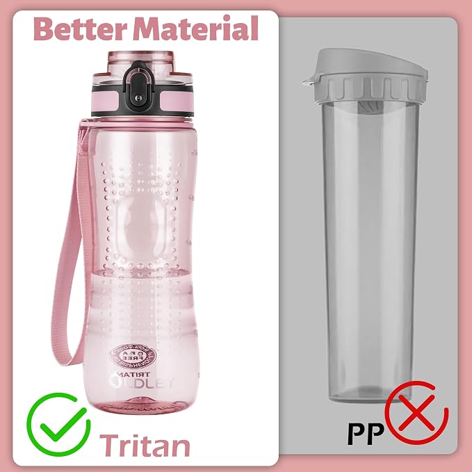 OLDLEY 25 oz Water Bottle, Motivational Water Bottle with Time Marker, Sports Water Bottle With Strap, Leakproof & BPA Free Large Water Bottles for School, Gym, Travel, Outdoor, Transparent Pink