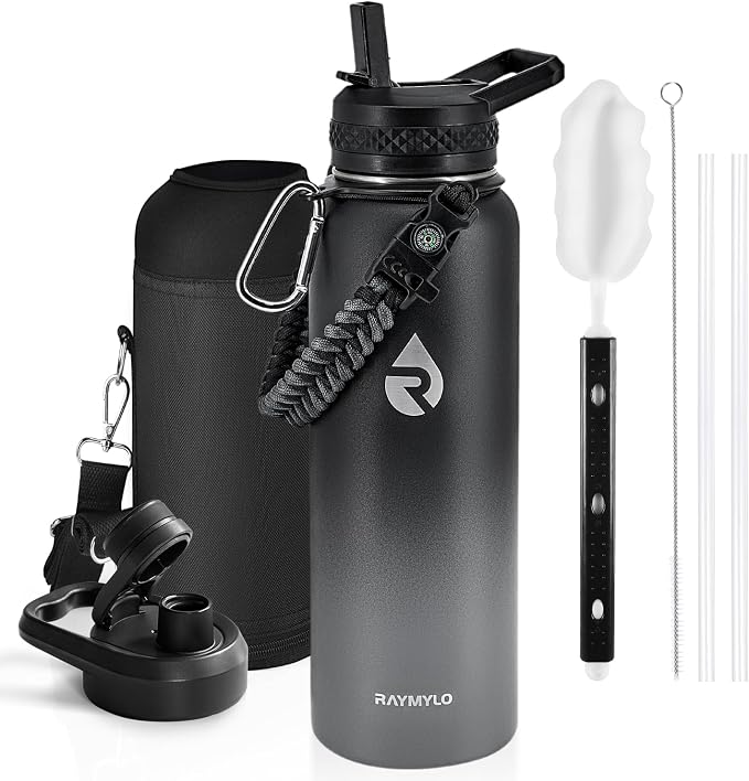 RAYMYLO Insulated Water Bottle 40 oz, Triple Wall Vacuum Stainless Steel | (Cold for 36Hrs, Hot for 18Hrs), Leak Proof & Non-BPA, Modern Water Flask Jug with Paracord Handle & Straw Spout Lids