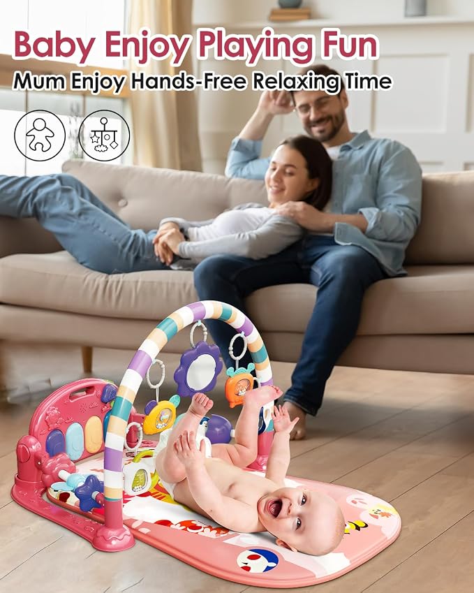 dearlomum Pink Tiger Baby Play Mat Gym with Piano & 2 Baby Book Toys