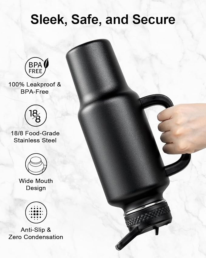 Trebo Insulated Water Bottle 40 oz Fits in Car Cup Holder with Side Handle | Stainless Steel Metal Tumbler with Straw Spout Lids, Triple-Wall Vacuum Copper Plated, Cold 48 Hrs Hot 24 Hrs for Travel, Gym
