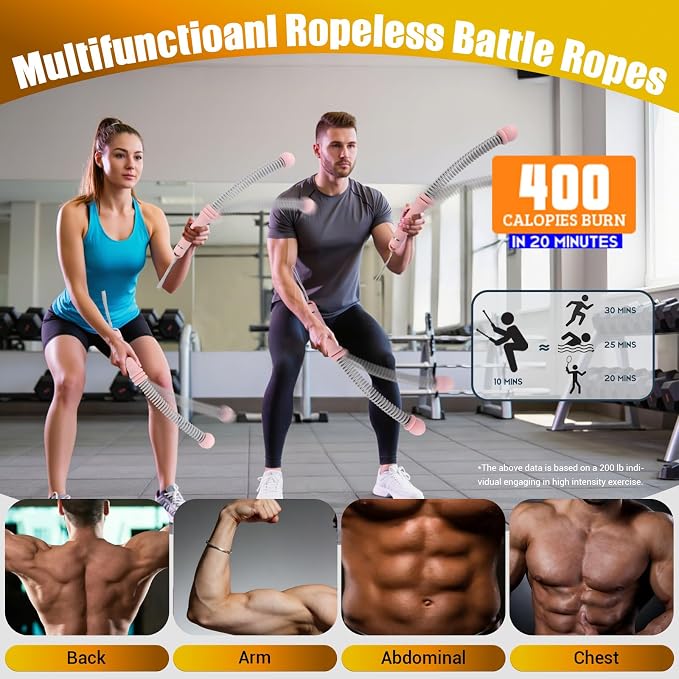 Portable Ropeless Battle Ropes, Adjustable Weights Cordless Battle Ropes for Home Gym with Storage Bag, Weighted Exercise Equipment for Low-Impact Workout, Strength & HIIT, for Men & Women