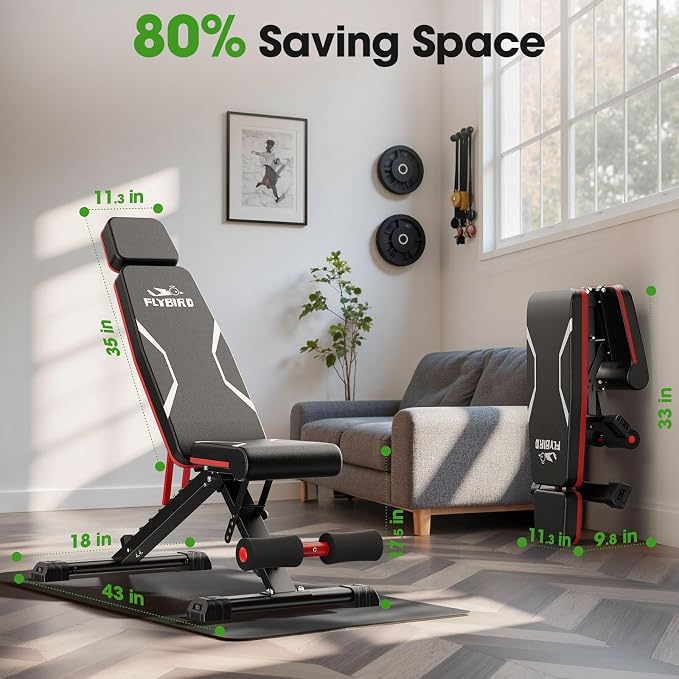 FLYBIRD WB3 Weight Bench up to 6'5", 750LBS Capacity Adjustable Weight Bench for Workout, 27LBS Sturdy Foldable Bench Press for Home Gym, 5X Stable Lifting Bench Incline Decline Flat Dumbbell Exercise