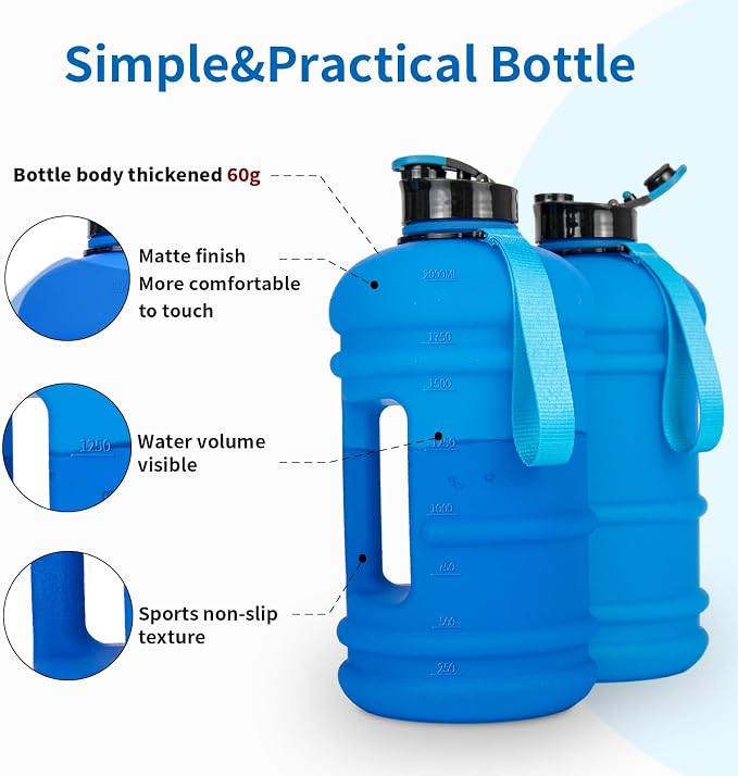 TOOFEEL 2 Liter Water Bottles - Half Gallon BPA Free - Ideal for Gym, Reusable Large Water Bottle with Measurements Marked - 74 oz Matte Blue