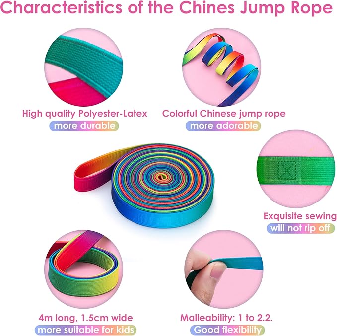 Cikyner Chinese Jump Rope, 2 Pack Elastic French Skipping with Instructions | 4m Elastic Chinese Ropes 1.5cm Wide Rainbow Band for Indoor & Outdoor Games, Ideal for Gifts for Children on Easter, Birthday