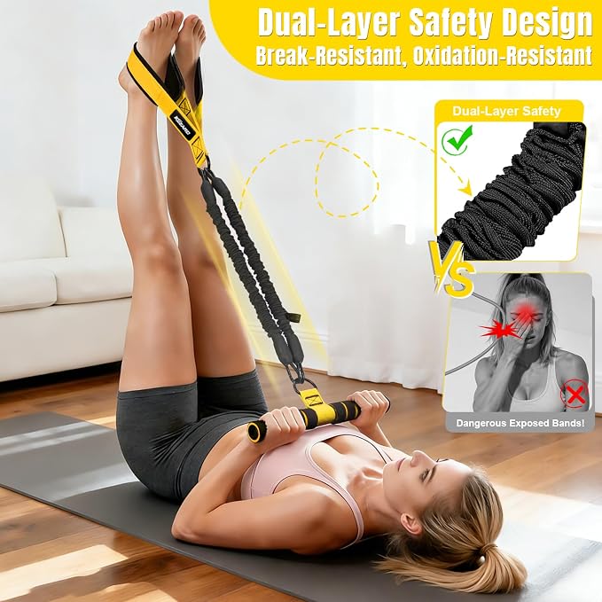 Upgraded Multifunction Pedal Resistance Band with Handle, 3 Tube Adjustable Resistance Bands for Abdomen, Waist, Arm, Core/ABS, Leg Workout - Sit Up Exercise Equipment for Women