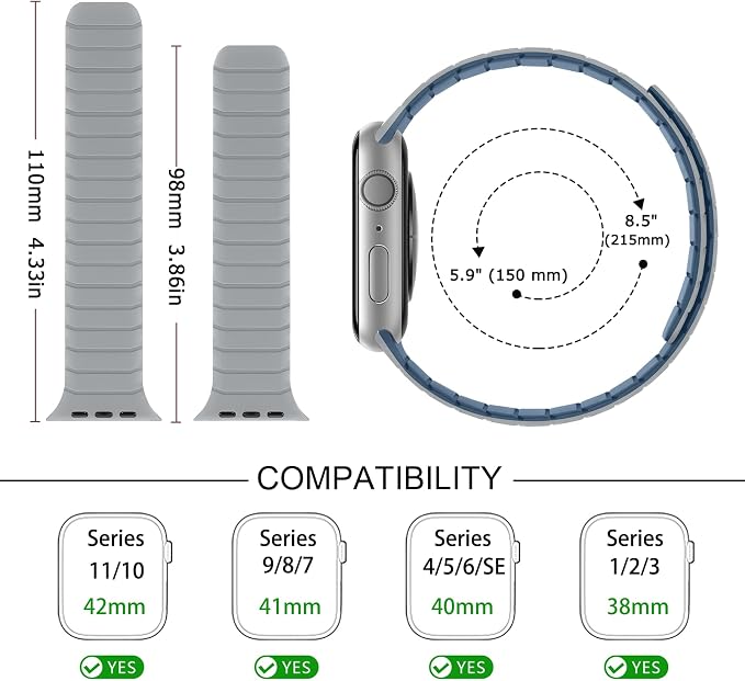Tasikar Magnetic Bands Compatible with Apple Watch 42mm(Series 11/Series 10) 41mm 40mm 38mm Soft Silicone Replacement Loop Wristband for iWatch SE Series 11 10 9 8 7 6 5 4 3, Misty Grey-Blue