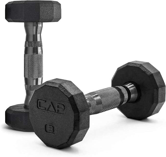 CAP Rubber Coated Dumbbell Weights, Free Weights for Home Gym Strength Training, Anti-Roll Hex Dumbbells with Black, Chrome & Comfort Grip Handles, Pairs & Sets