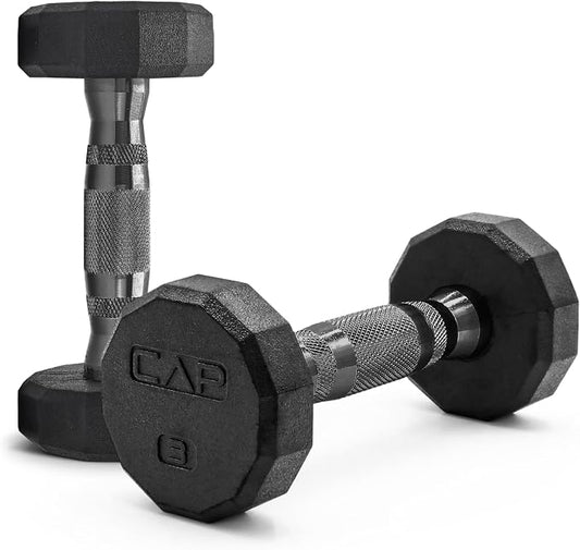 CAP Rubber Coated Dumbbell Weights, Free Weights for Home Gym Strength Training, Anti-Roll Hex Dumbbells with Black, Chrome & Comfort Grip Handles, Pairs & Sets