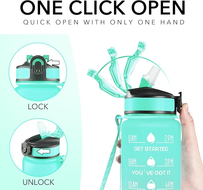 Hyeta Water Bottle with Straw & Time Marker, Plastic 32oz Leakproof | Motivational Tritan BPA Free Gym Office Outdoor Intake Tracker Hourly Reminder Straw Lid Carry Strap