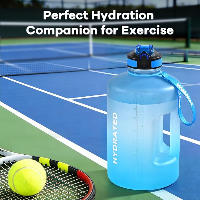 WEMEET 128oz Large Water Bottle with Straw and Time Marker, BPA FREE, 1 Gallon Reusable Motivational Water Bottle, for Gym, Travel, Camping, Hiking (Blue Blue)