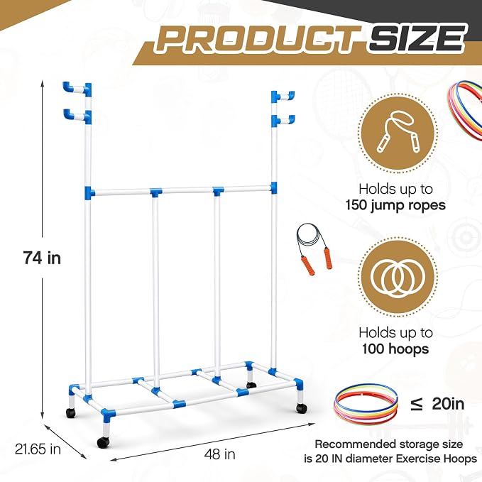 Hoop Rope Cart Plastic Hoop Jump Rope Rack Cart with Wheels PE Equipment Rack for Elementary School Primary School Movable Garage Rolling Ball Holder Gym Sports Gear, 48 x 74 x 21.65 Inch