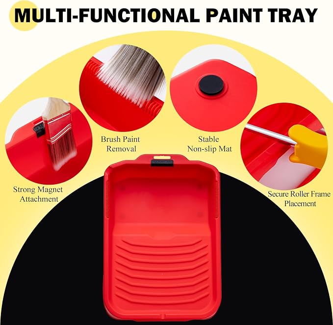 Mister Rui 17 Pieces Paint Roller Kit with 9 Inch Magnetic Tray and Liners | Wall Painting Supplies with Microfiber Roller Cover, Roller Frame, 1.5 Inch Sach Brushes, Sanding Sponge for Painting Project