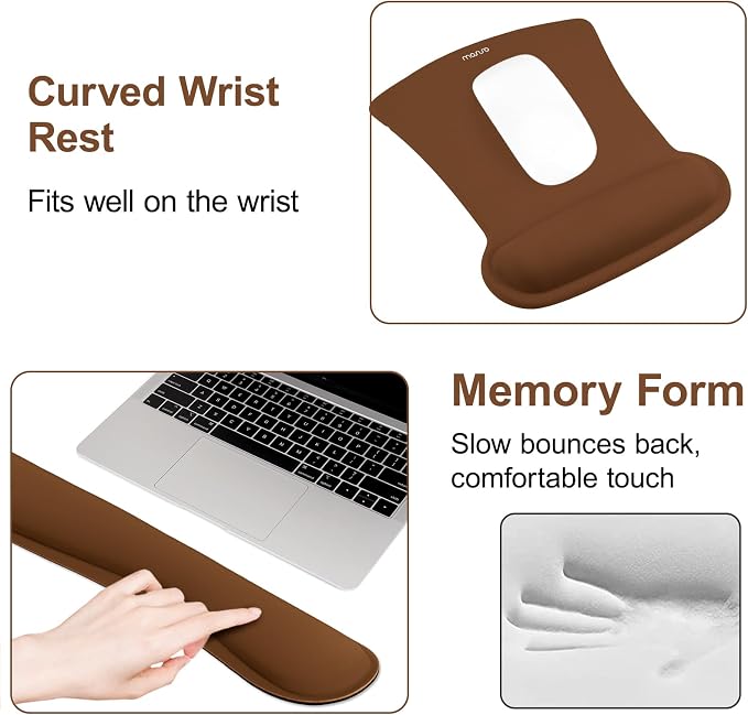 MOSISO Wrist Rest Support for Mouse Pad & Keyboard Set, Ergonomic Mousepad Non-Slip Base Home/Office Pain Relief & Easy Typing Cushion with Neoprene Cloth & Raised Memory Foam, Brown