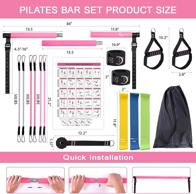 Bbtops Pilates Bar Kit with Resistance Bands,Pilates Bar with Stackable Bands Workout Equipment for Legs,Hip,Waist and Arm,Exercise Fitness Equipment for Women & Men Home Gym Yoga Pilates