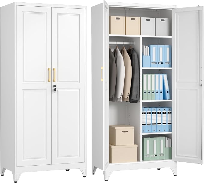 Polup 71" Tall Metal Armoire Wardrobe Closet with Doors and Lock | Wardrobe Cabinet, Hanging Rod, 3 Adjustable Shelves, Steel Clothing Storage Cabinet for Bedroom, Office, Employee, Gym, White