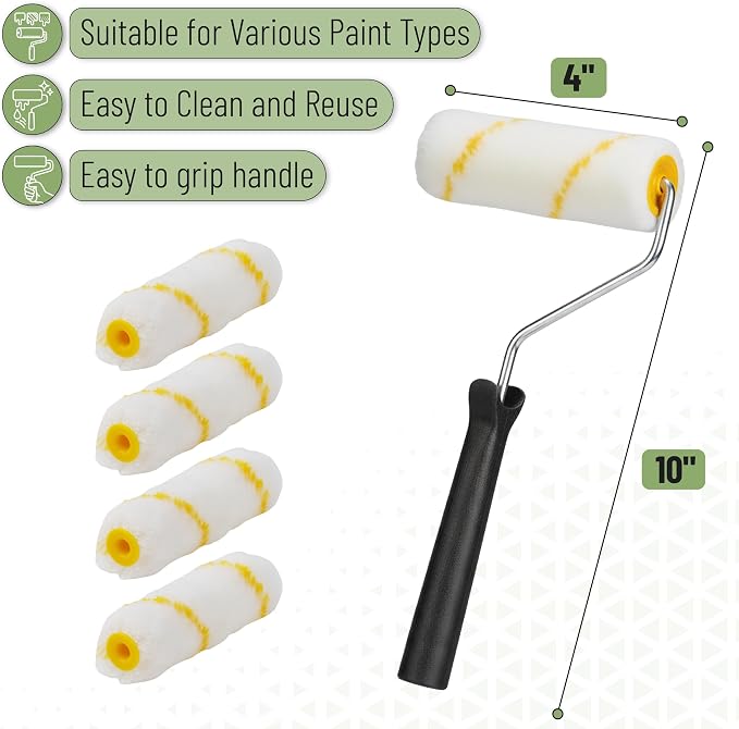 Bates- 4 Inch Paint Roller Set, 18 pcs, 1x Plastic Paint Tray, 3X Disposable Tray Liners, 1x Roller Frame, 5X Foam Covers, 5X Microfiber Covers, 3X Foam Brushes (1", 2", 3")